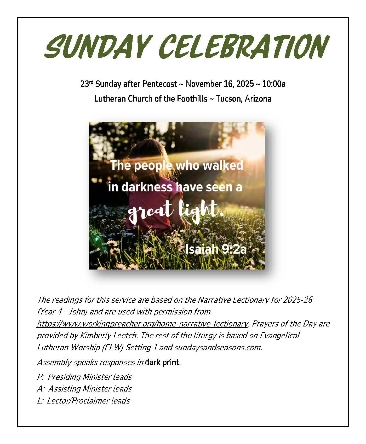 Sunday Bulletin, Worship Service, and Devotional Links for November 16, 2025