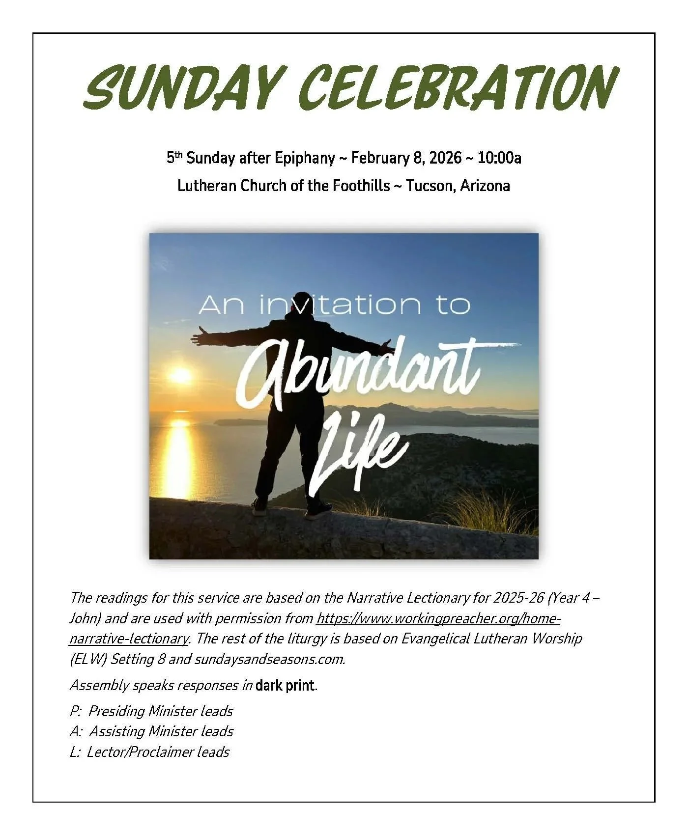 Sunday Bulletin, Worship Service, and Devotional Link for February 8, 2026