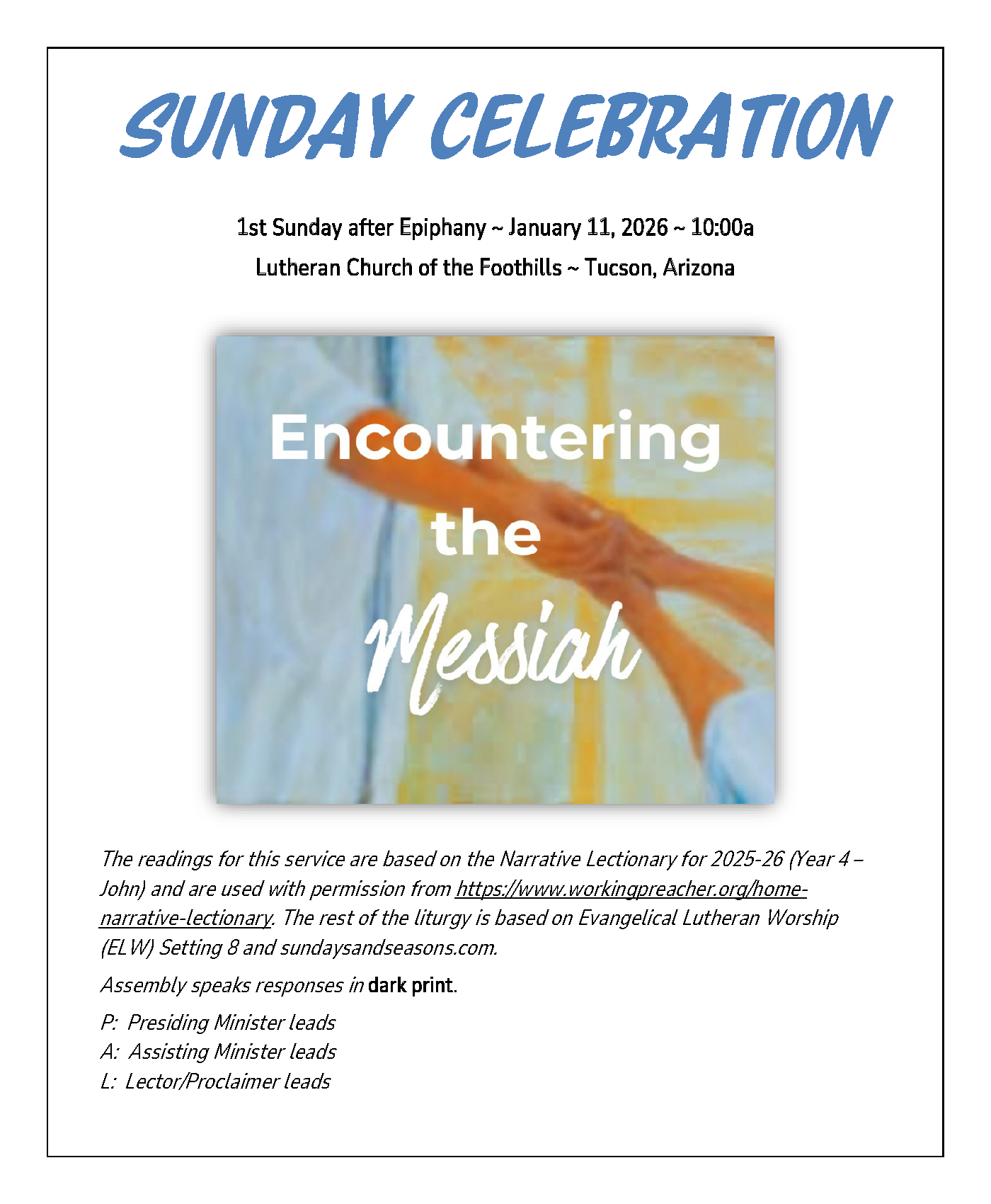 Sunday Bulletin, Worship Service, and Devotional Link for January 11, 2026