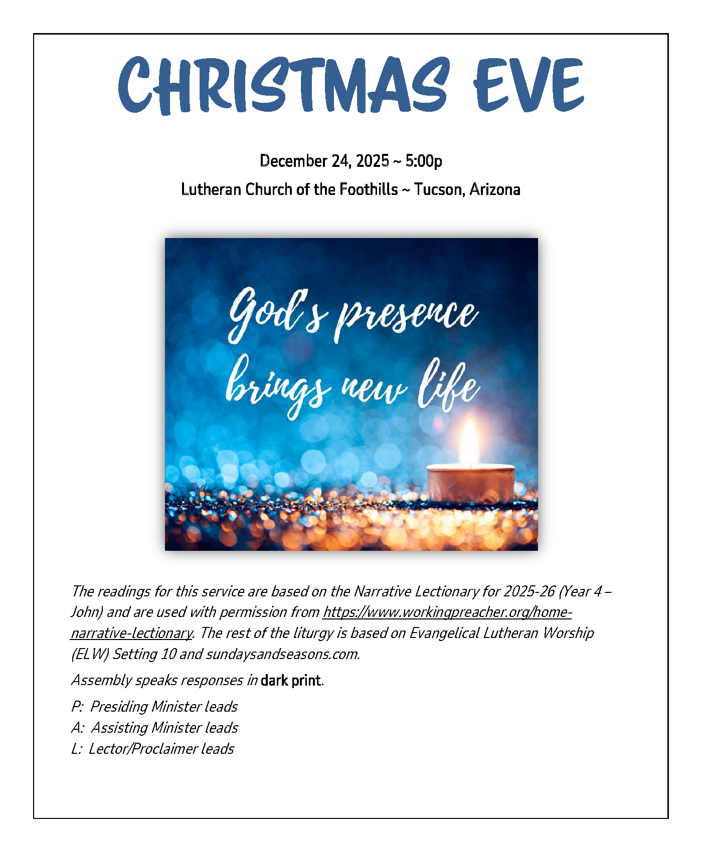 Christmas Eve Bulletin and Worship Service links for December 24, 2025