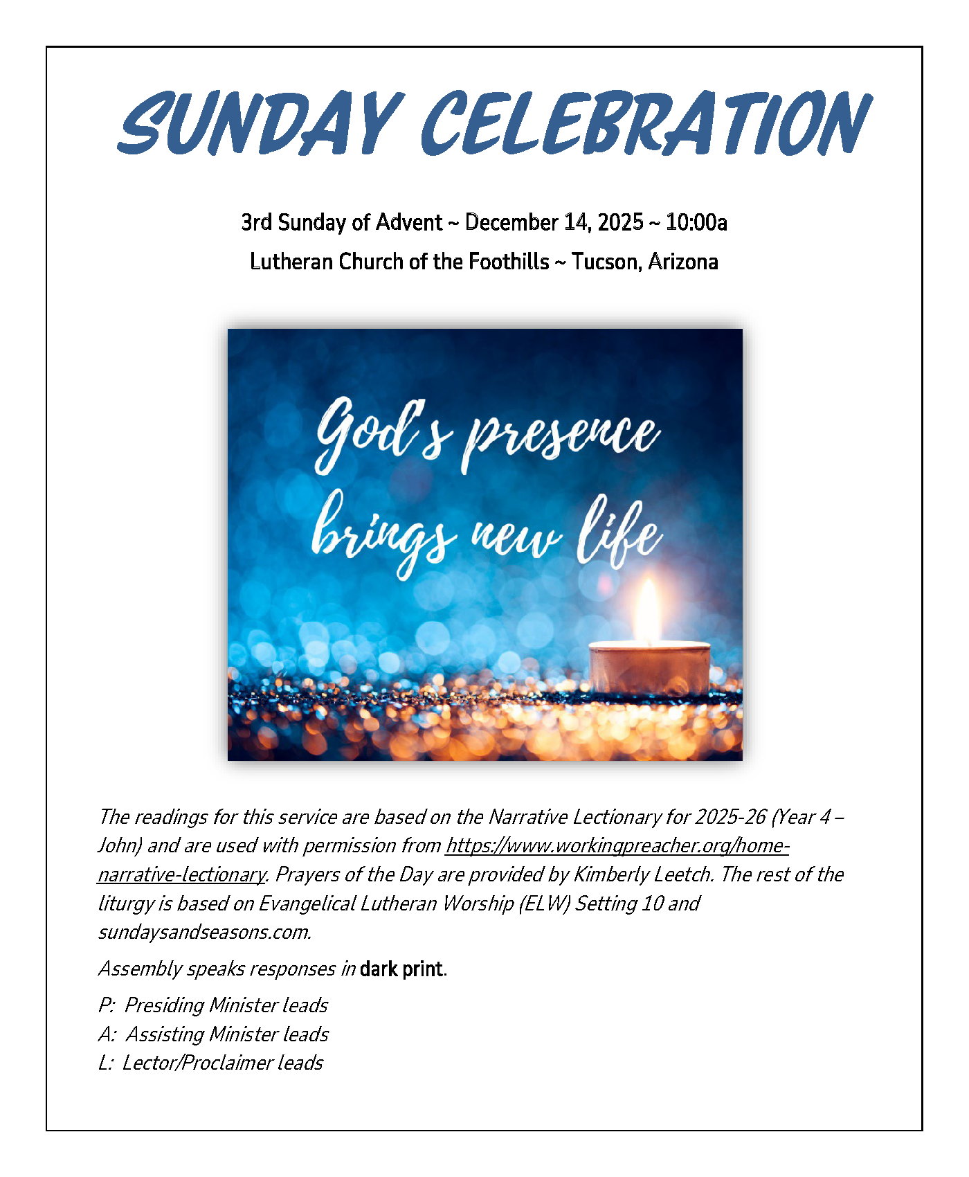 Sunday Bulletin, Worship Service, and Devotional Link for December 14, 2025