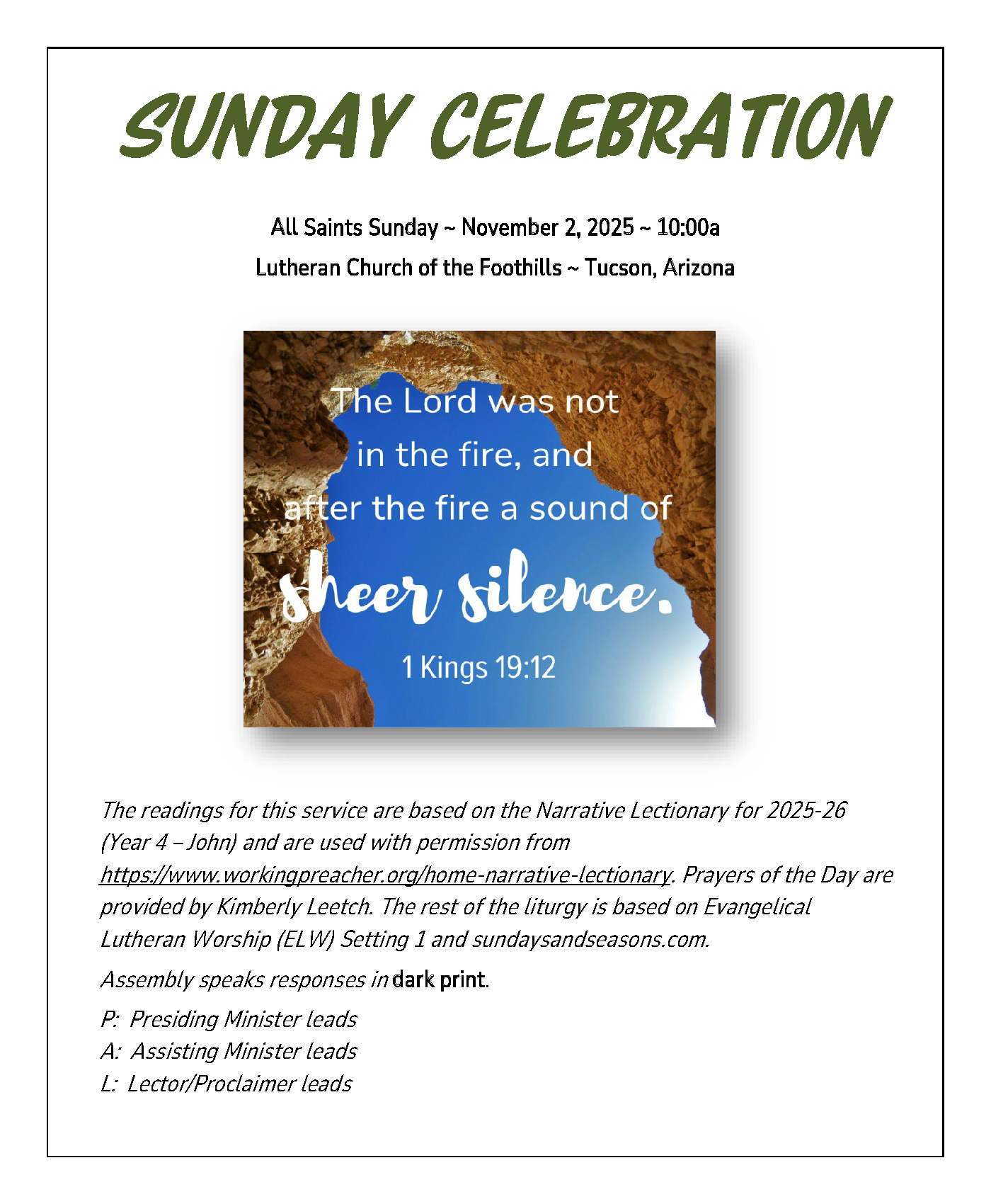 Sunday Bulletin, Worship Service, and Devotional Links for November 2, 2025