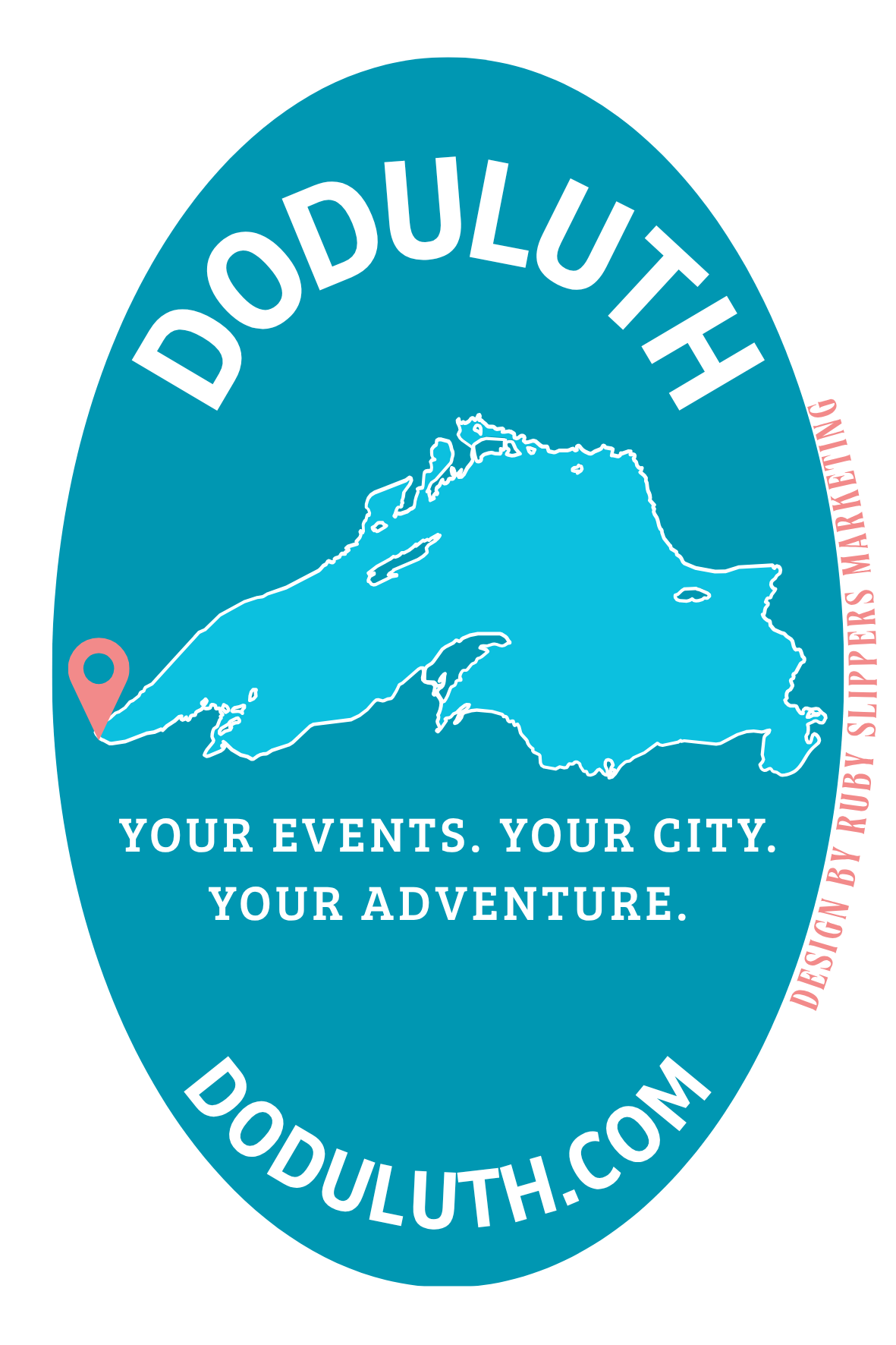 This cleaner, more minimal version uses white space to make the design pop while maintaining the same strong branding. The bright teal core draws focus to the shape of Lake Superior and the Duluth location pin. This variation was created with versati
