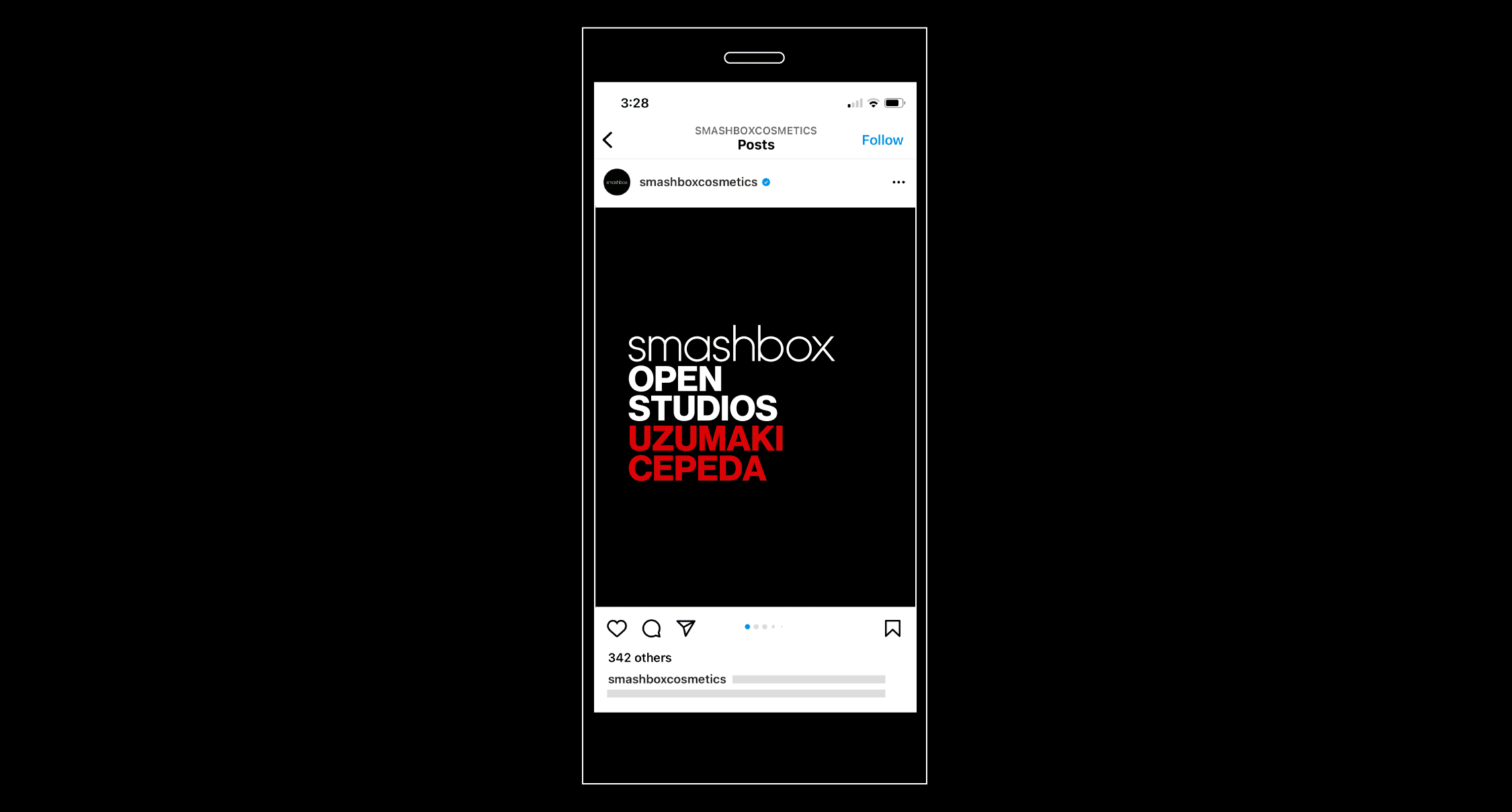 Instagram post from smashboxcosmetics showing text: smashbox OPEN STUDIOS UZUMAKI CEPEDA in black, white, and red on a black background.