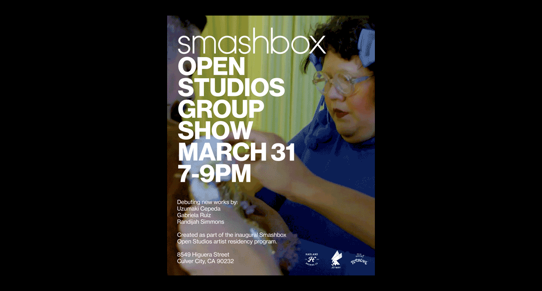 Poster advertising the Smashbox Open Studios Group Show on March 31 from 7 to 9 PM, featuring debut works by artists Uzumaki Cepeda, Gabriela Ruiz, and Randijah Simmons, at 8549 Higuera Street, Culver City, California.