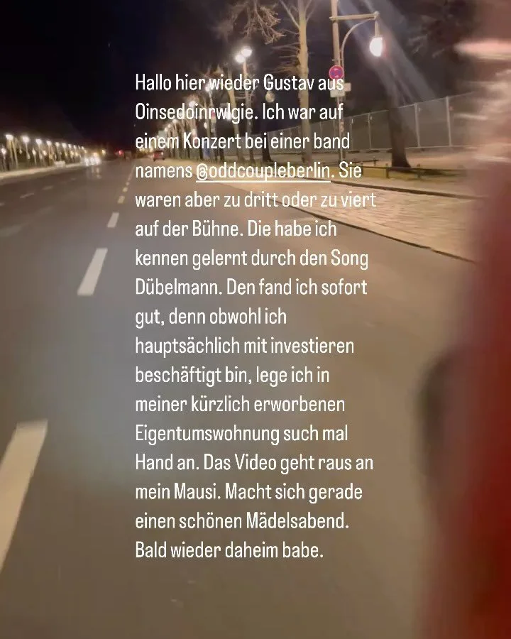 1. Gustav, 2. Trommeln, 3. Surf Nazis Probe. Wollte erst Tiktok aber habe da noch weniger follower. 4. ich werde immer dicker, aber egal ist ja. Winter 5. Pl&ouml;tzlich Sommerzeit und ich werde schon wieder d&uuml;nner. 6. Das ist keine Dance-hall P