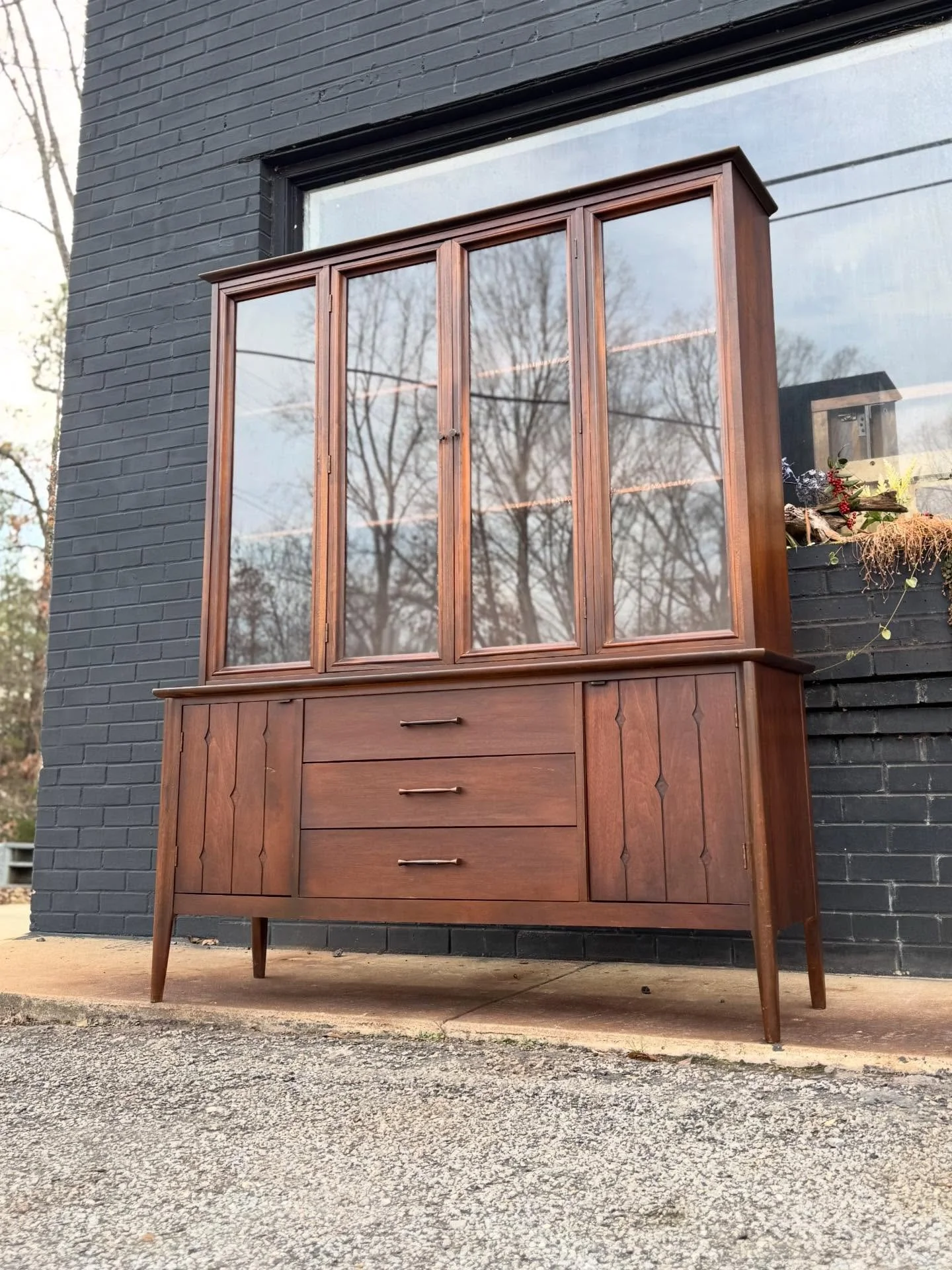 Available ! 
- - 
Vintage Furniture from Modern Collective 
- - 
$850 : Mid-Century Hutch with Carved Doors 
- - 
Dimensions: 60-16-71H
- - 
Delivery $95 flat in home: RVA, DMV, NC, Philly, Baltimore, NJ, (NYC+ Curb Only $95+*) 
- - 
#mcm #midcentury