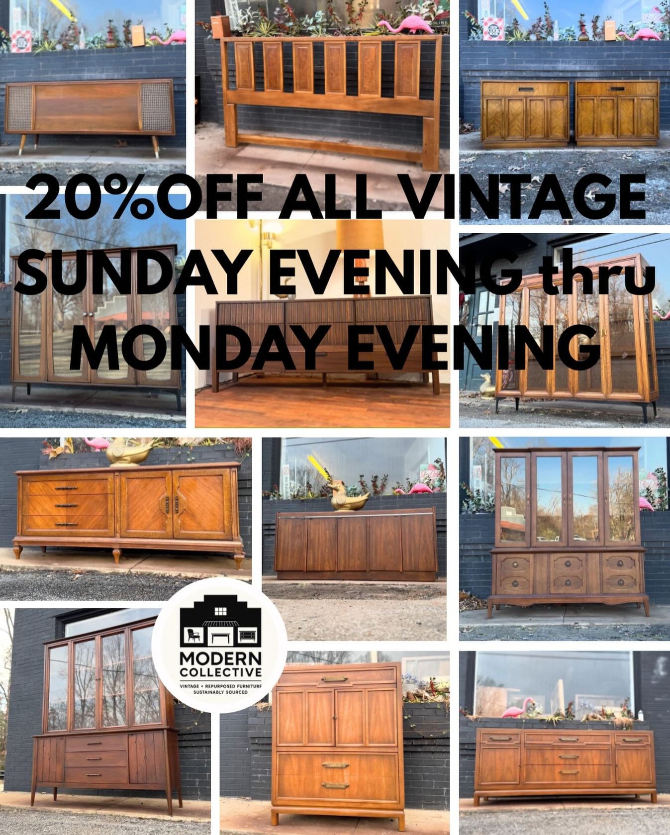 20% OFF ALL VINTAGE-  Sunday Evening thru Monday Evening ! 
- - 
Vintage Furniture from Modern Collective 
- - 
See original item posts for dimensions. 
- - 
Delivery $95 flat in home: RVA, DMV, NC, Philly, Baltimore, NJ, (NYC+ Curb Only $95+*) 
- - 