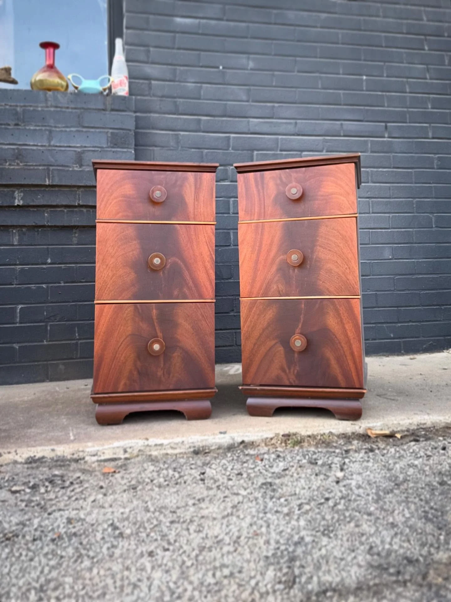 Available ! 
- - 
$695 : Pair Flamed Mahogany End Tables 
- - 
Dimensions: 13-18-26H 
- - 
Delivery $100 flat in home: RVA, DMV, NC, Philly, Baltimore, NJ 
- - 
#mcm #midcenturyfurniture #midcentury #midcenturymodern