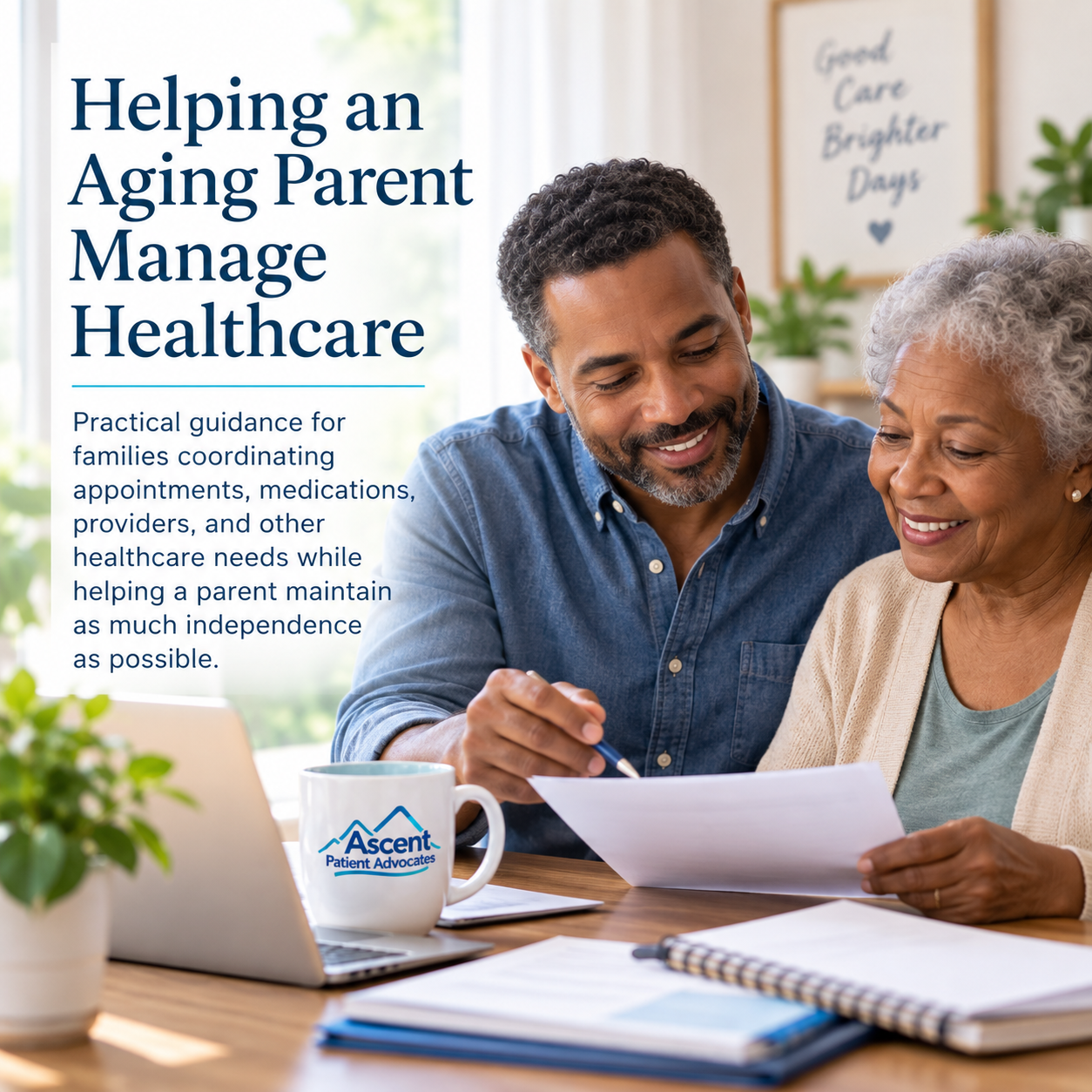 Son helping mom review medical paperwork
