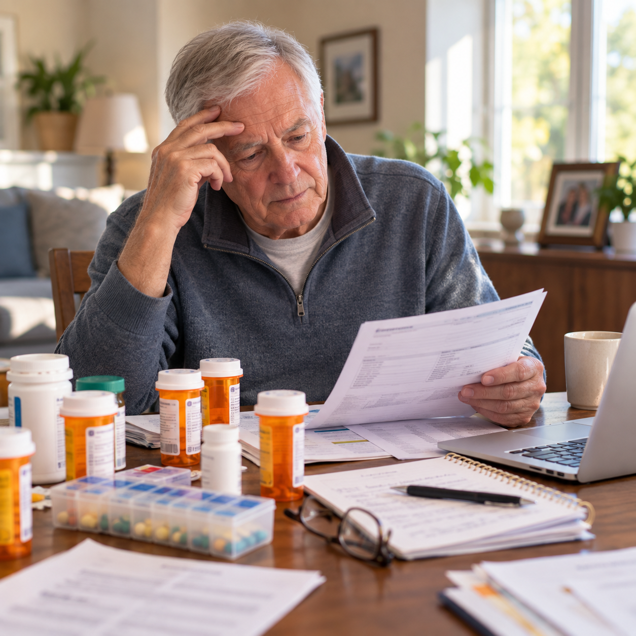 older man looking at medical papers and pill bottles