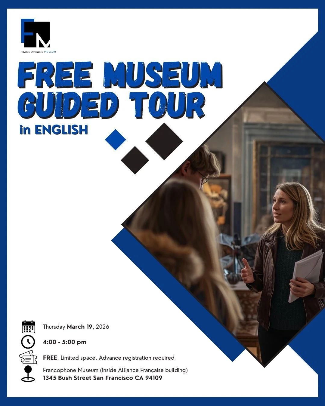 [FREE MUSEUM GUIDED TOUR] 🏛️
After a successful February full of visits to the museum, we want to welcome you to our free March visit!
Curious about the rich French &amp; Francophone legacy in the Bay Area? Come discover French Heritage in SF! 🌉

J