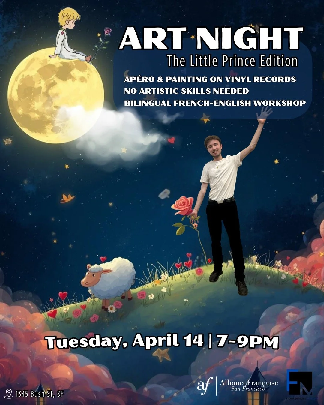 [ART NIGHT] 🎨
Our famous Art Night returns with a special edition honoring the enchanting world of Le Petit Prince. 

Looking for a fun night out with friends? Or maybe an original idea for a date night?
🎨 Join us for a special Art Night: canvas pa