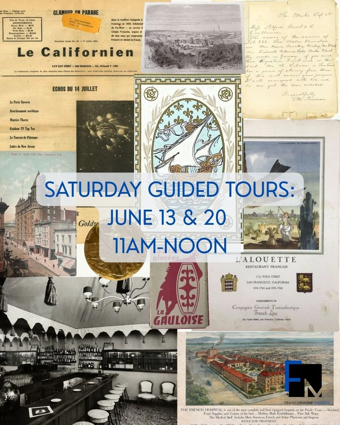 Come spend a Saturday in history. Our guided tours trace nearly two centuries of Francophone life in San Francisco, from the 19th century to today.

June 13 in English ⚜️ June 20 in French

Reserve your ticket: https://www.francophonemuseum.org/event