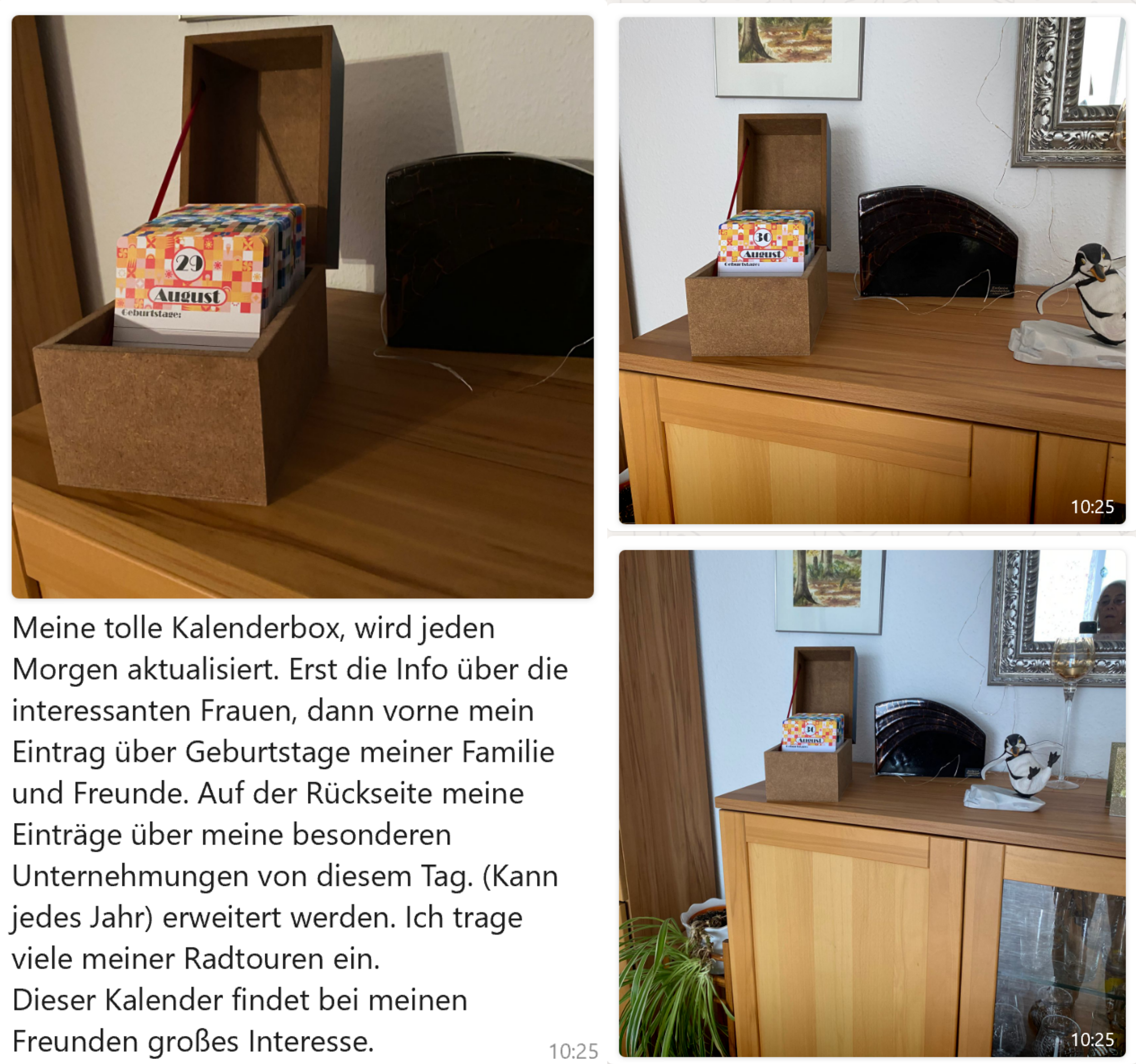 Offenstehende Holzkiste mit Tageskarten, liebevoll arrangiert auf einem Holzschrank in wohnlicher Umgebung. Sichtbar ist die farbenfroh gestaltete Karte für den 29. August. Die Kiste lädt täglich dazu ein, feministisch relevante Frauen zu entdecken.