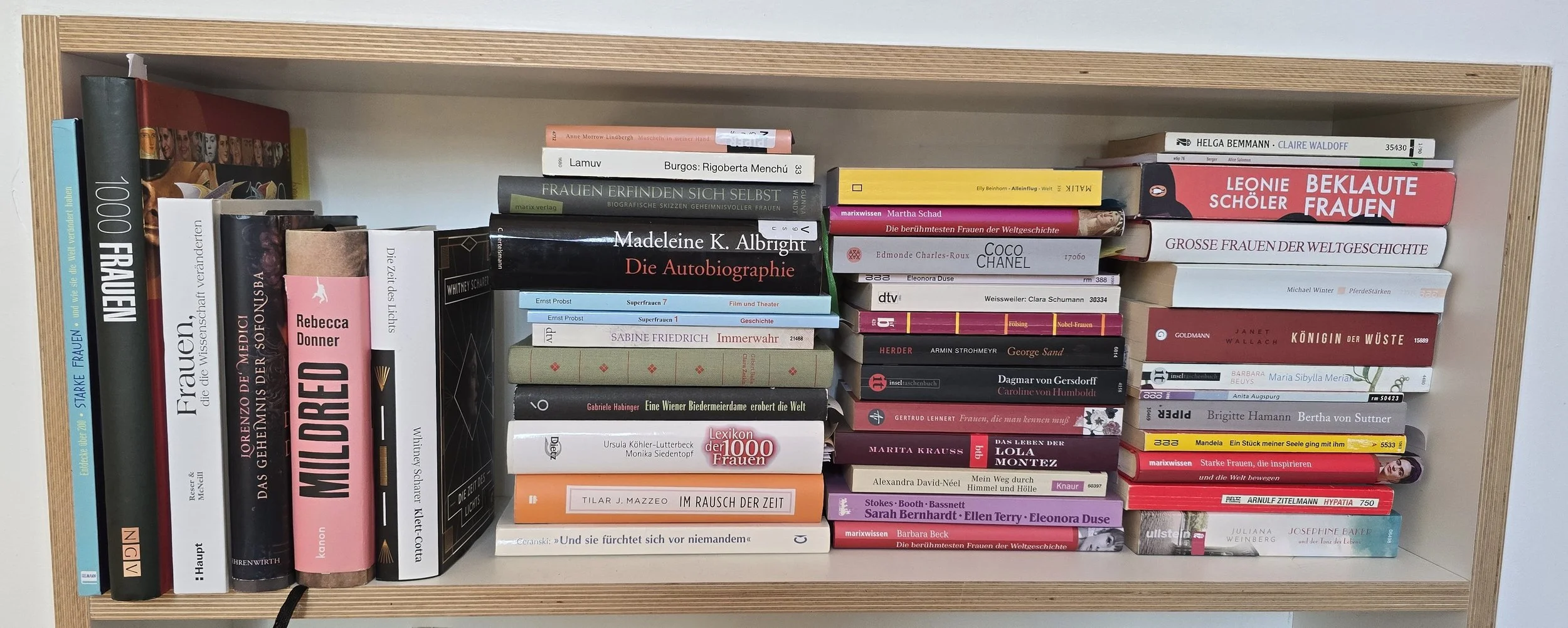 Ein Bücherregal mit ausgewählten Titeln über Frauen, Geschichte und Erfindungen aus feministischer Perspektive - darunter '1000 Frauen' und 'Beklaute Frauen'. Die Bücher sind Teil des Recherchematerials der Erinnerungskiste..