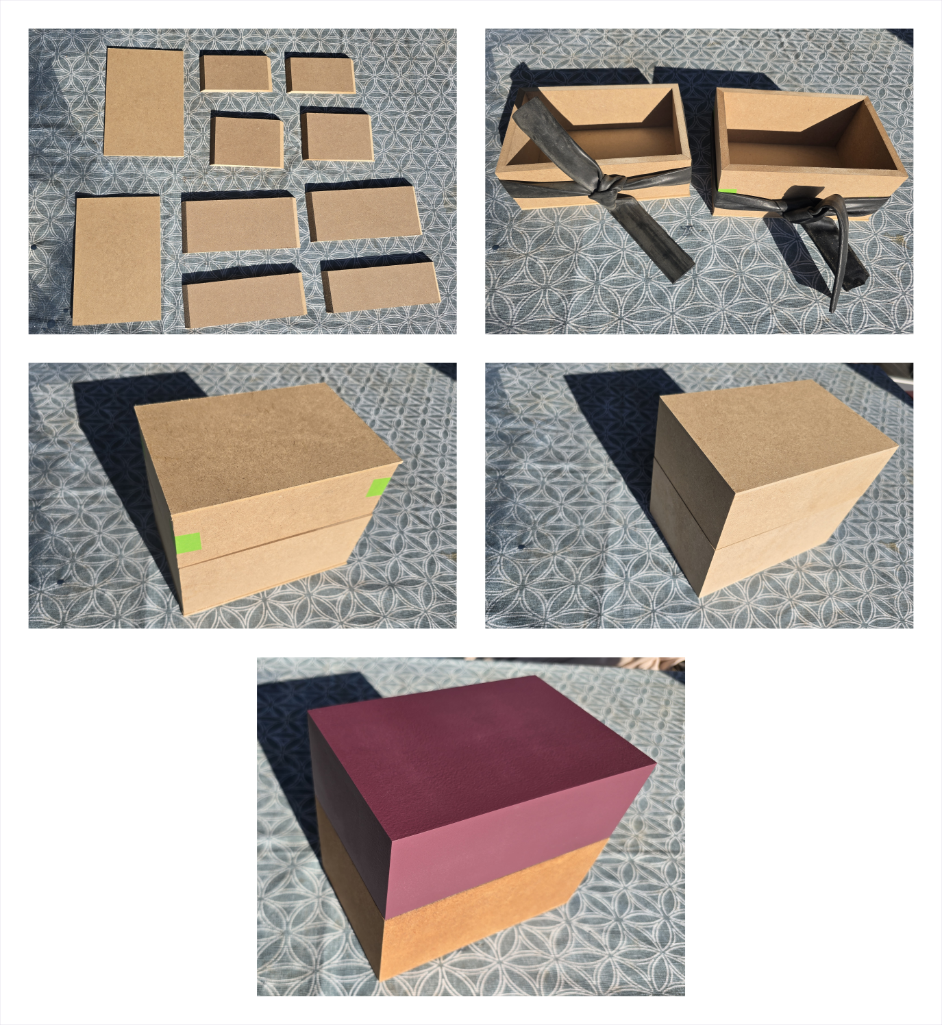 Bildcollage zeigt die Entstehung einer handgefertigten Holzkiste in mehreren Schritten: Holzstücke werden vorbereitet, mit Zwingen verleimt, mit Klebeband fixiert und schließlich bemalt und geölt.