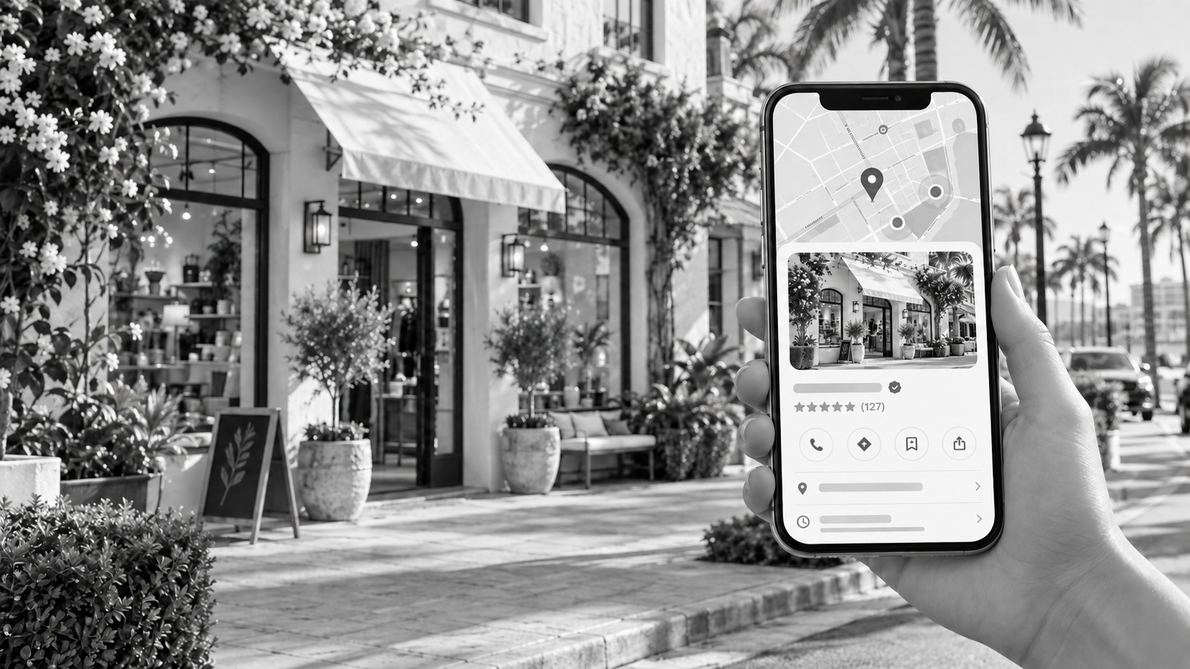 A hand holding up a cell phone with google maps and Google business profile on the screen in front of a business store front in Boca Raton