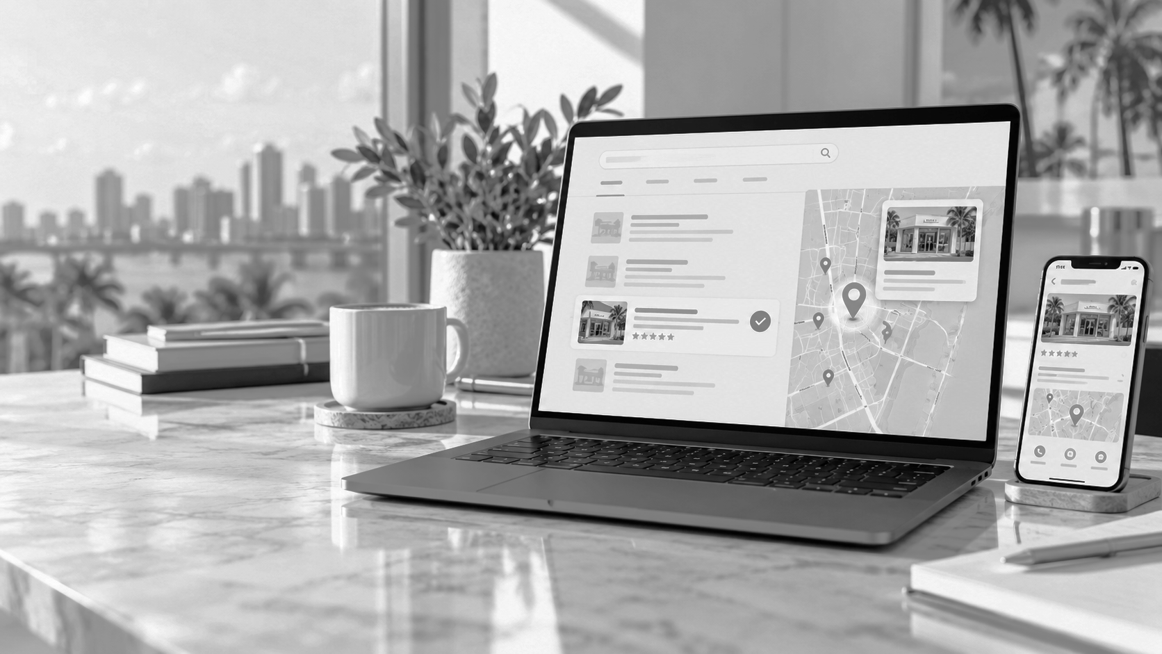 A laptop with Google business profile and Google maps on a counter in a home with a view overlooking Boca Raton