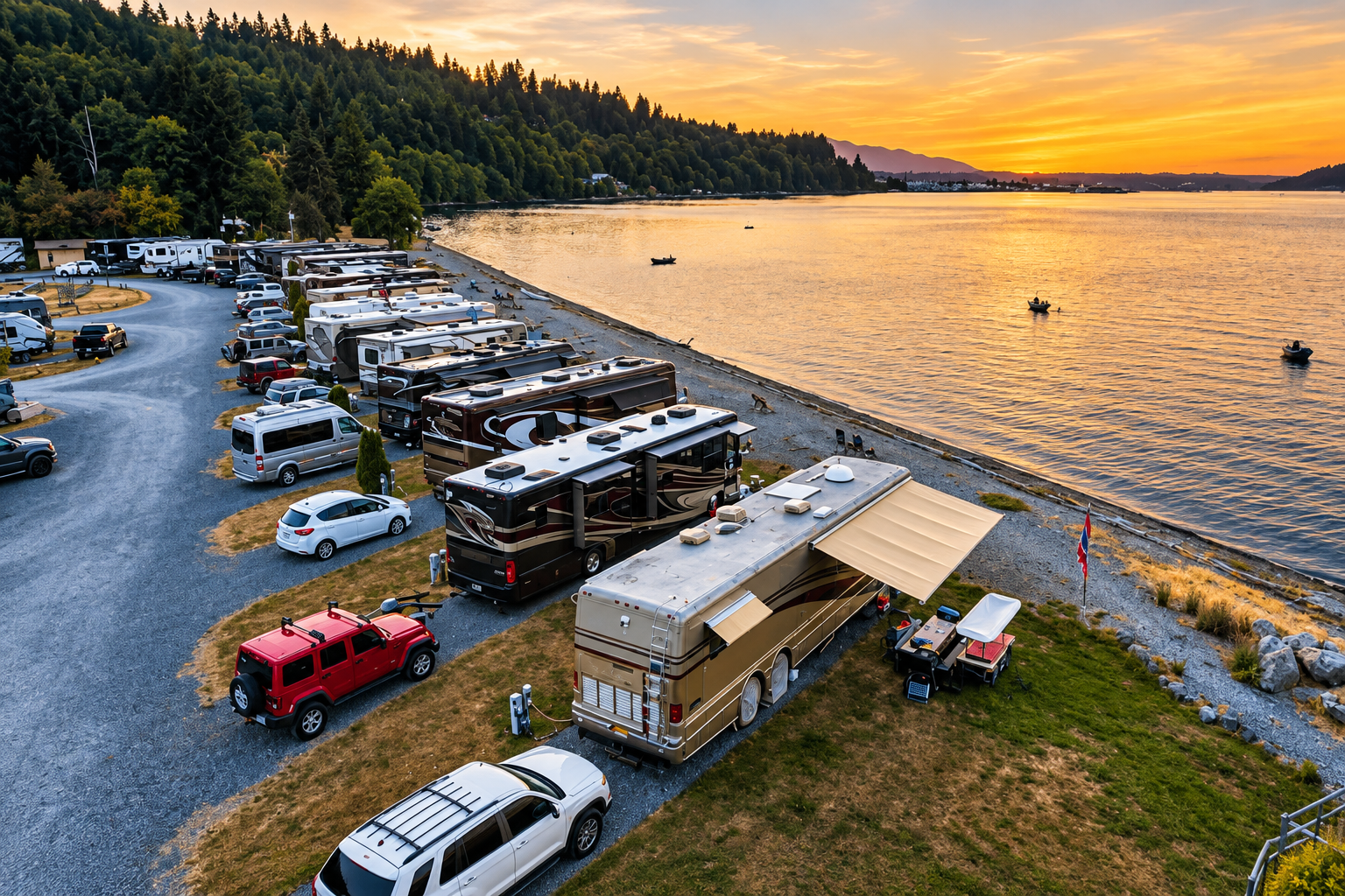 Waterfront RV sites at Fidalgo Bay Resort in Anacortes, Washington, overlooking the bay at sunset.