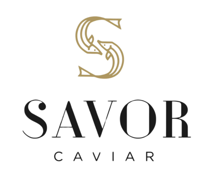 Logo for Savor Caviar featuring a stylized gold and red letter S above the words 'Savor Caviar' in black and gray font.