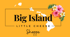Big Island Little Cheese Shop logo with pink and white flowers on yellow background