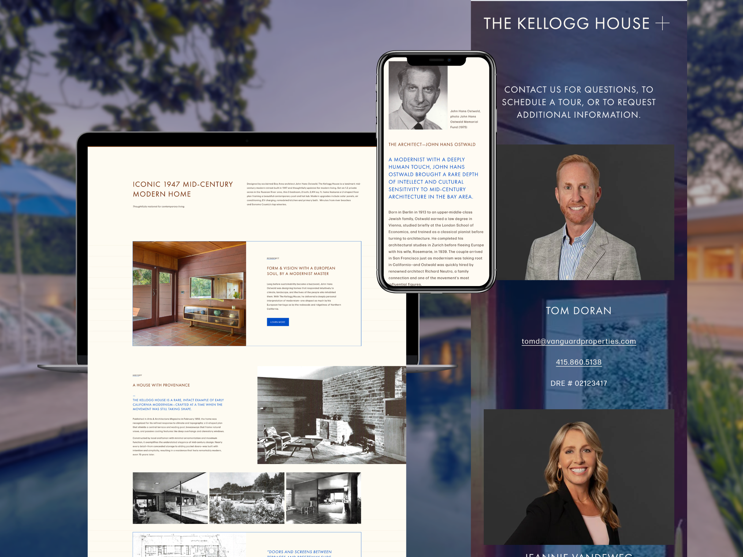 A digital display of real estate or architectural presentation featuring a website, a mobile phone with a black and white photo of John Hans Ostwald, and photographs of a modern mid-century home. The display includes contact information for Tom Doran and Jeanne Vandresce, and an overlay of the Keller House architecture and history.