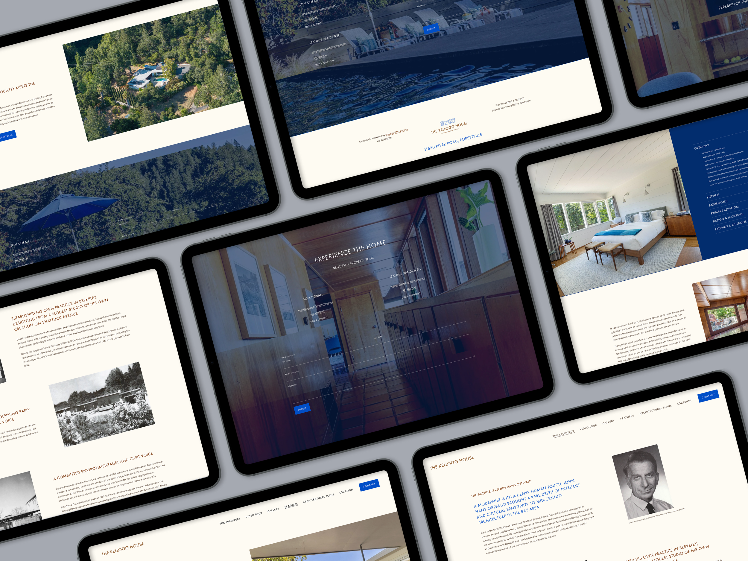 Screenshots of a website showcasing various architectural projects, including a tree-covered estate, a modern house, and interior rooms with furniture.