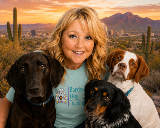 A woman with blonde wavy hair smiling at the camera, wearing a light blue t-shirt with 'Barrio Dog Training' logo, standing outdoors at sunset with four dogs and desert landscape with cacti and mountains in the background.