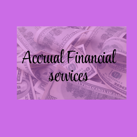 Purple background with a box of scattered dollar bills and the text 'Accrual Financial services' in black font.