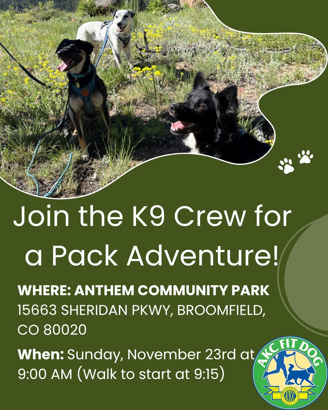 Hey K9 Crew! I&rsquo;m back and ready for our weekly pack adventures.

We&rsquo;re trying a new spot, Anthem Park! Because the walk is about 3.4 miles, we&rsquo;ll start with a structured training session to get everyone settled and set up for succes