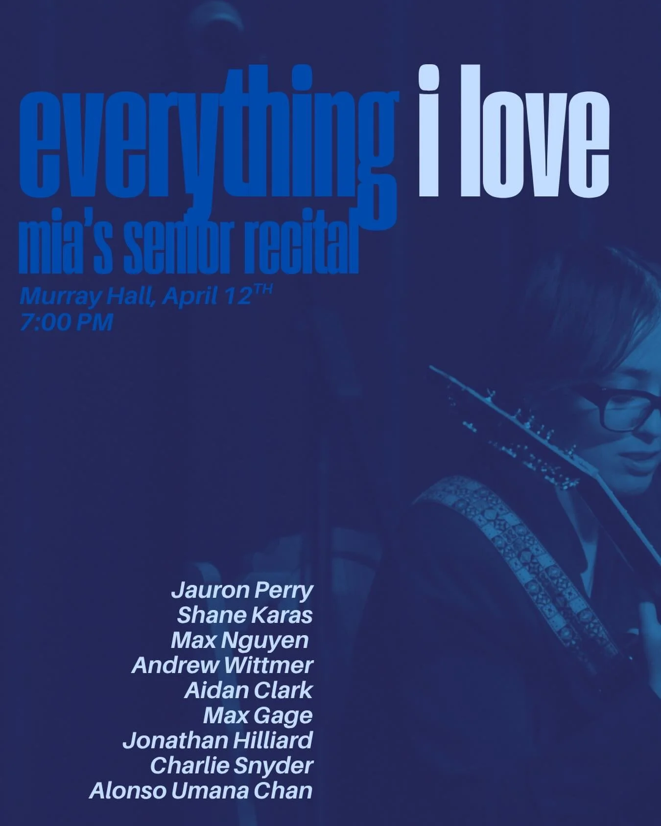 Hey everyone I am excited to announce that my senior recital is coming up on April 12th at 7pm and I would really appreciate seeing some of you there (I will also livestream on here for those who can&rsquo;t make it)!
This will be a culmination of ev