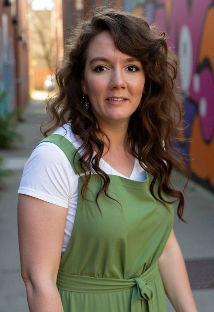 A woman with long, curly brown hair standing outdoors in an alleyway with colorful graffiti on the walls.