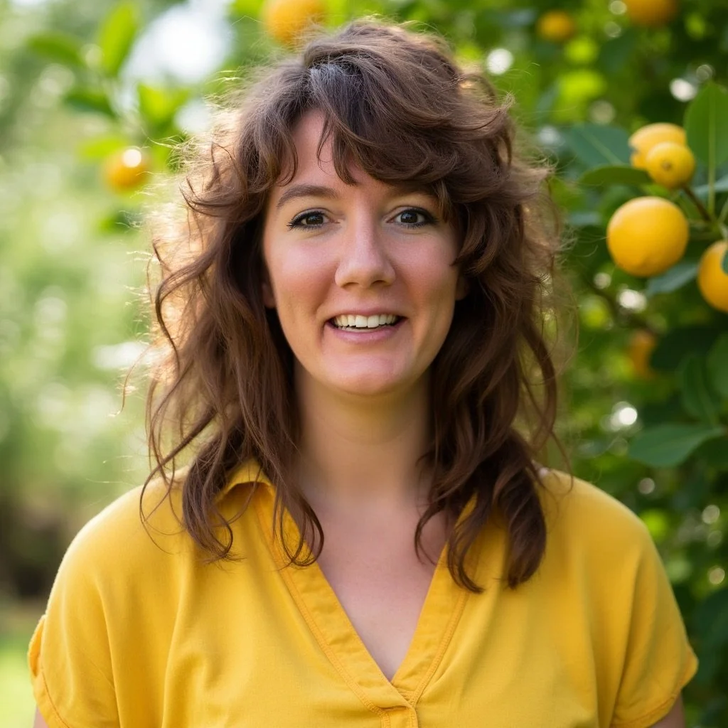 A woman with wavy brown hair smiling outdoors among yellow fruit trees, wearing a yellow shirt.