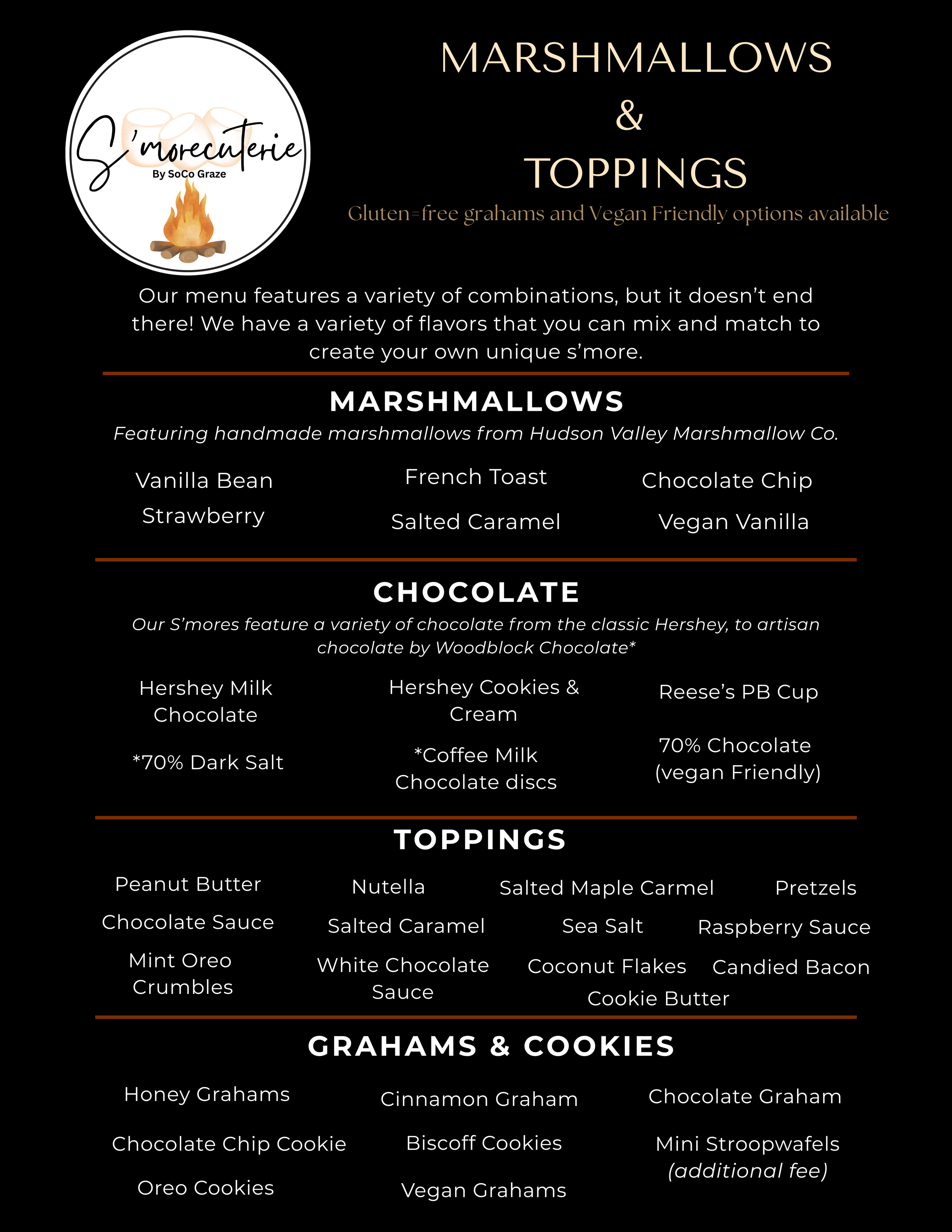Menu for SoCo Graze featuring marshmallows, toppings, chocolates, and grahams & cookies, including options such as vanilla bean, strawberry, salted caramel, chocolate chip, and vegan vanilla marshmallows, with various chocolate and cookie toppings.