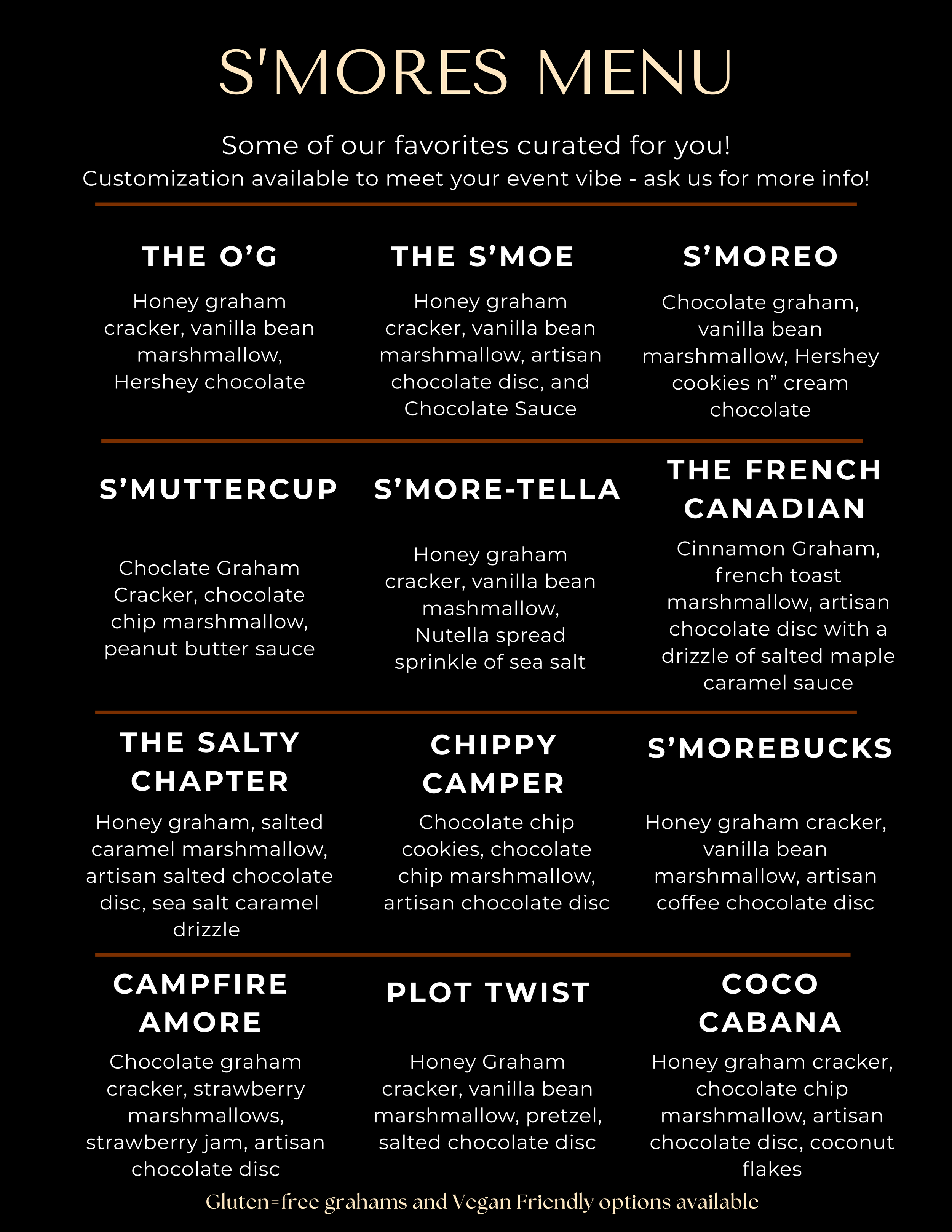 S'mores themed dessert menu with various graham cracker, chocolate, and marshmallow treats, including options like honey graham, vanilla bean, chocolate, and vegan-friendly choices, listed in columns with descriptions and a note about gluten-free options.