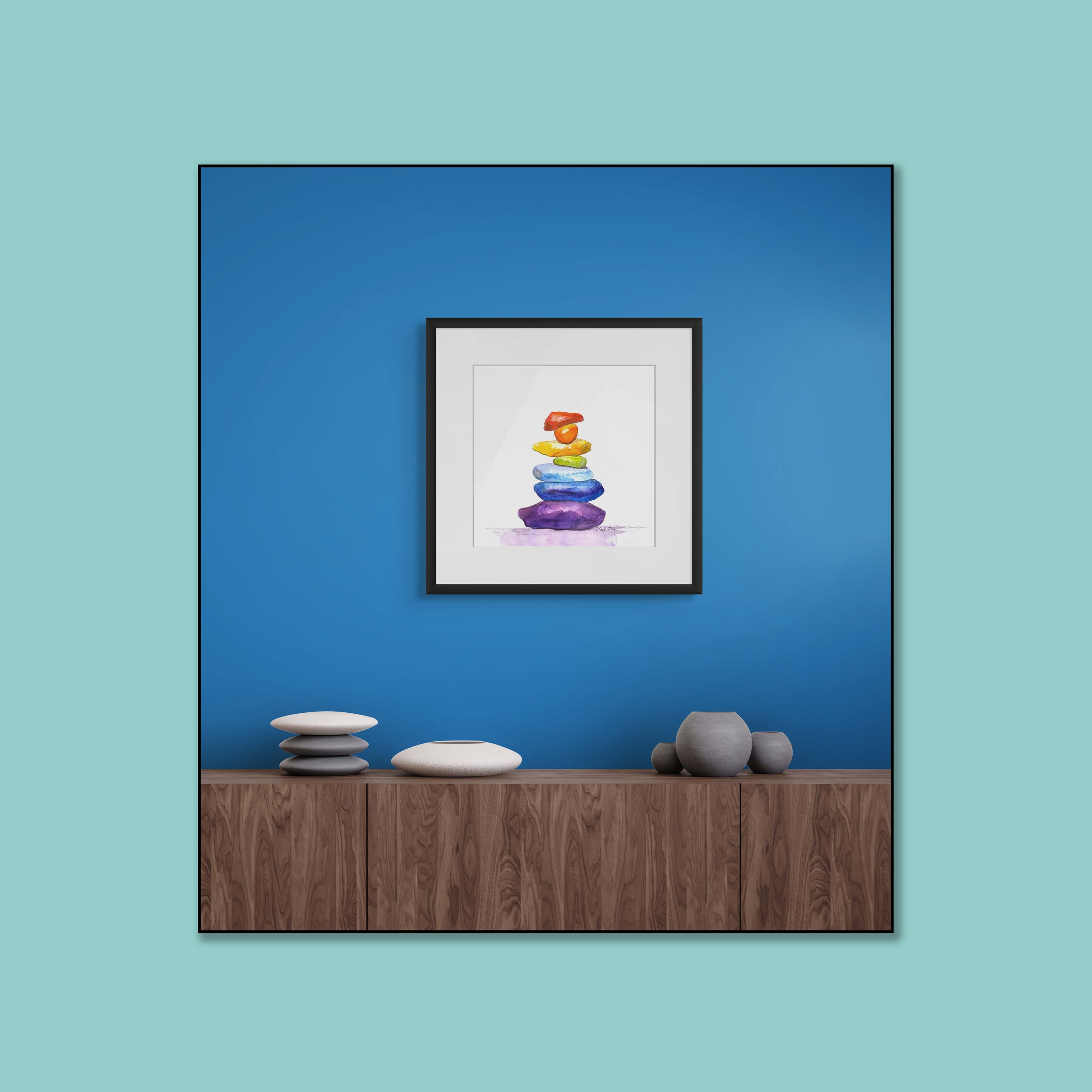 Rainbow zen stones_FLYBABY ART _in turqouise square.jpg