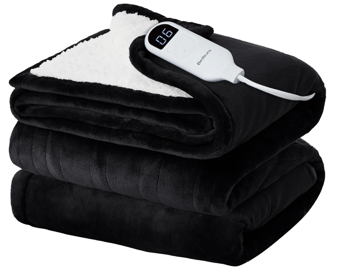 Black and white electric heated blanket with soft fluffy interior, with remote control for temperature and timer settings