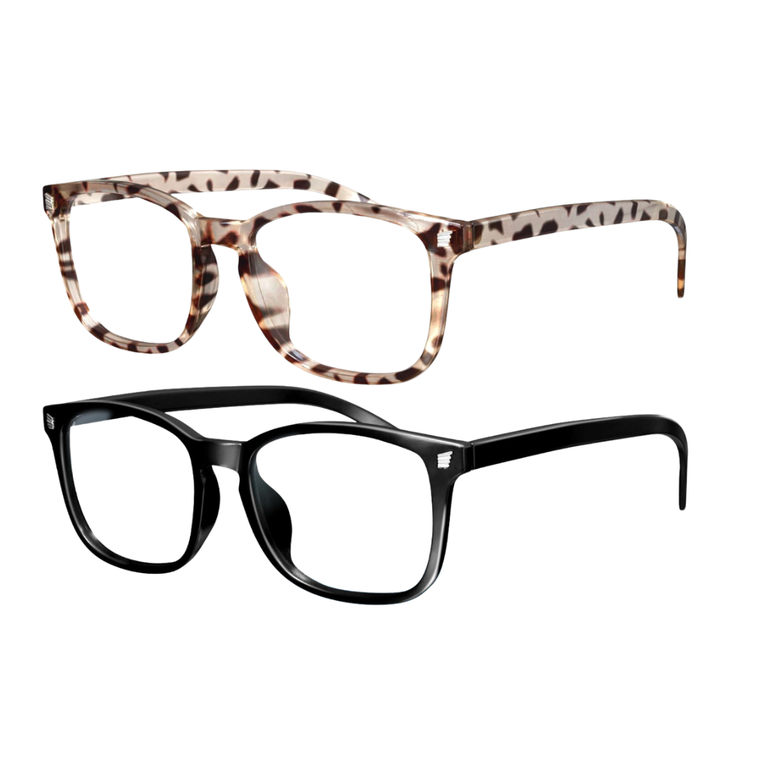 Two pairs of Livho blue light blocking glasses, one in animal print and one in solid black, for screen and UV protection