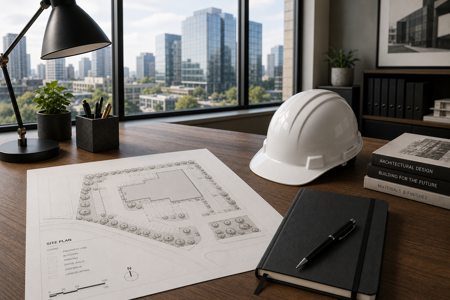 Architectural site plan on a desk with a white safety helmet, a notebook with pen, and architectural books in a modern office with city skyline view.