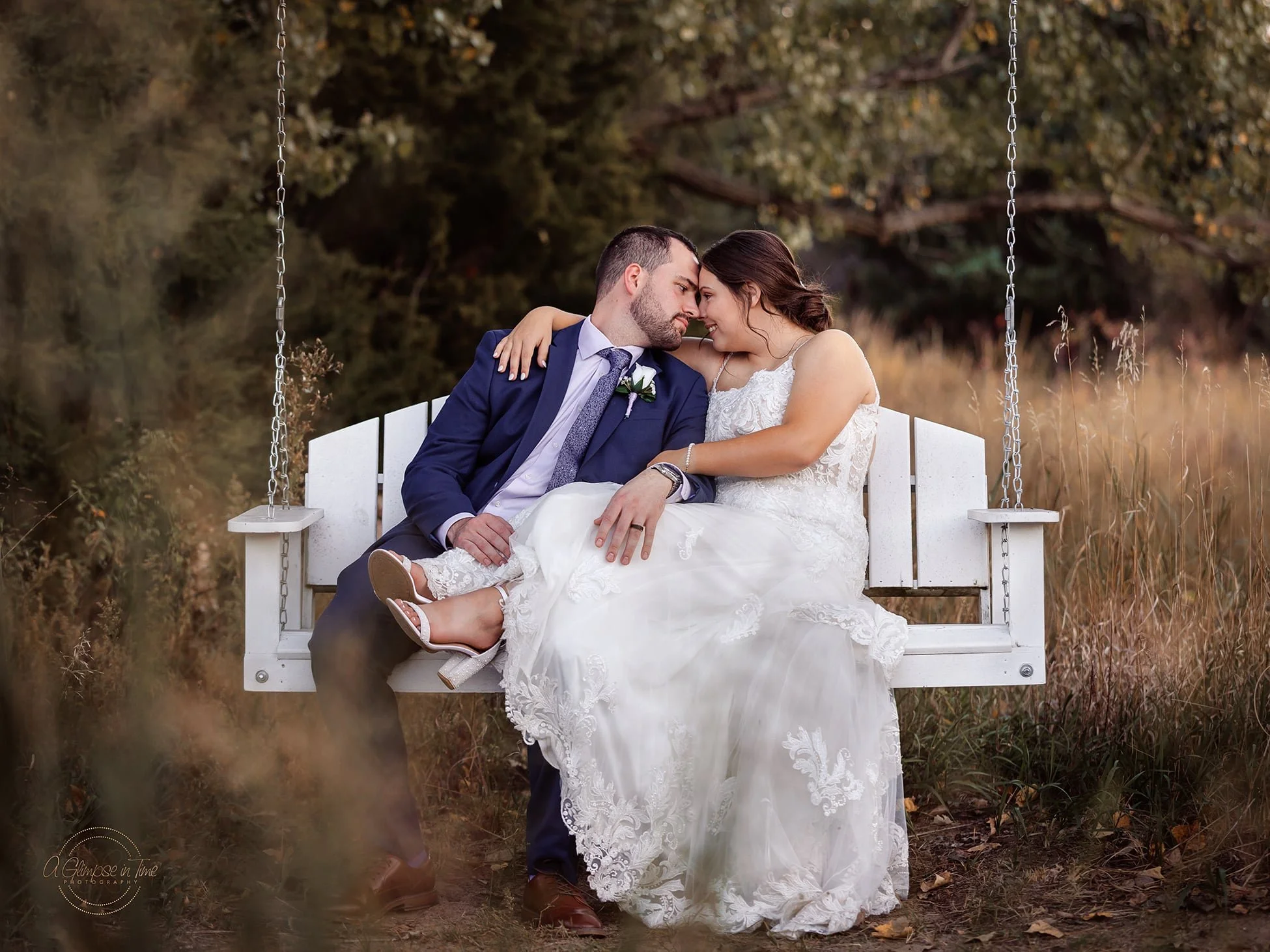 wedding, bride, groom, swing, outside, dress, tux, field