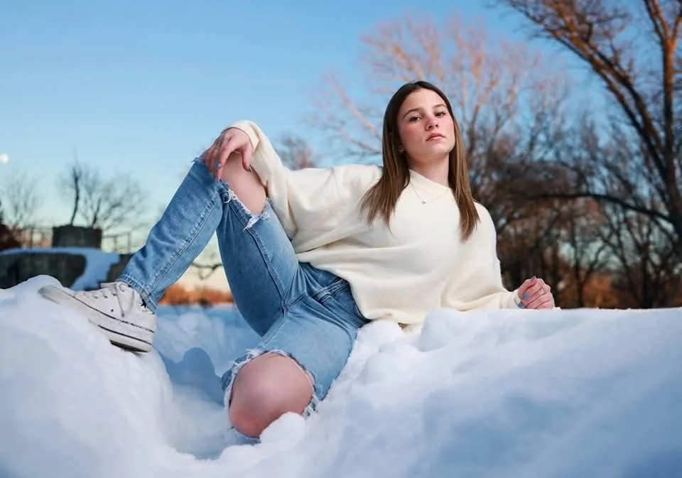 girl, senior, snow, winter, outdoor, casual, jeans, sweater, blue