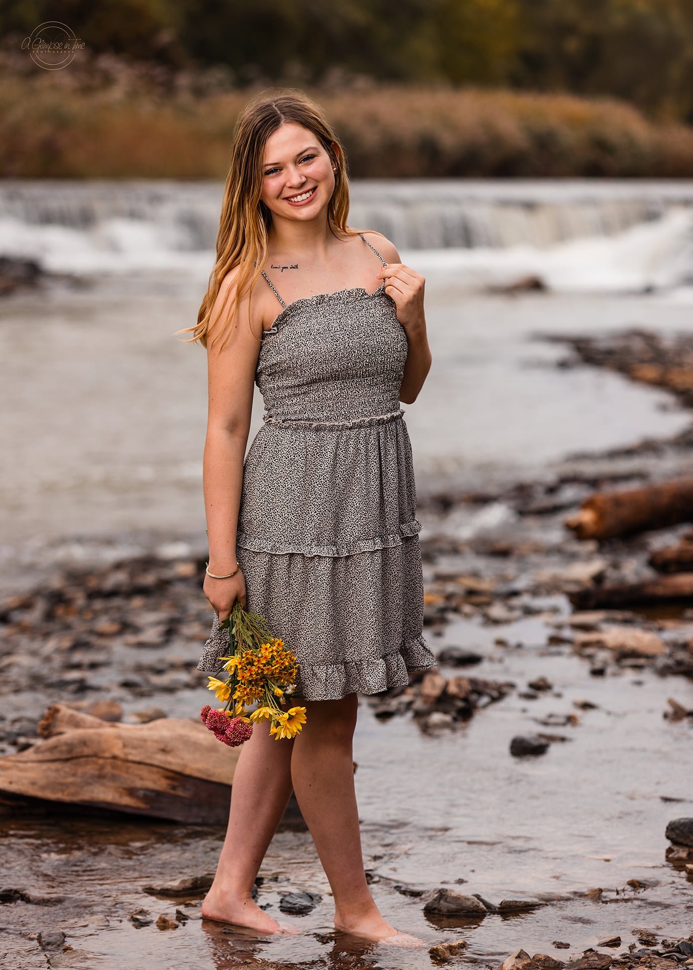 Girl, creek, water, waterfall, flowers, dress, summer, rocks, senior, portrait