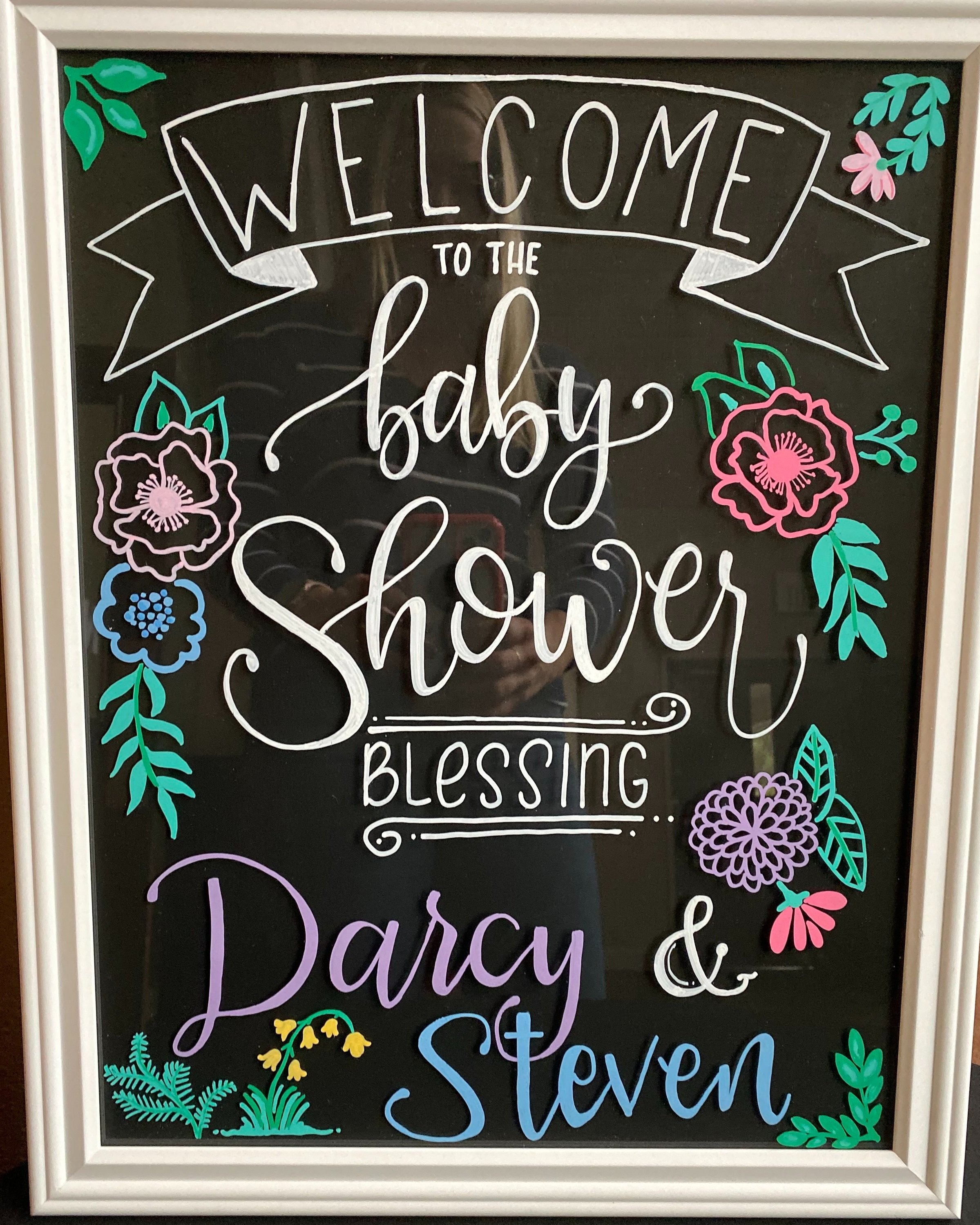 Baby Mia's shower sign close up, hand drawn with chalk pens