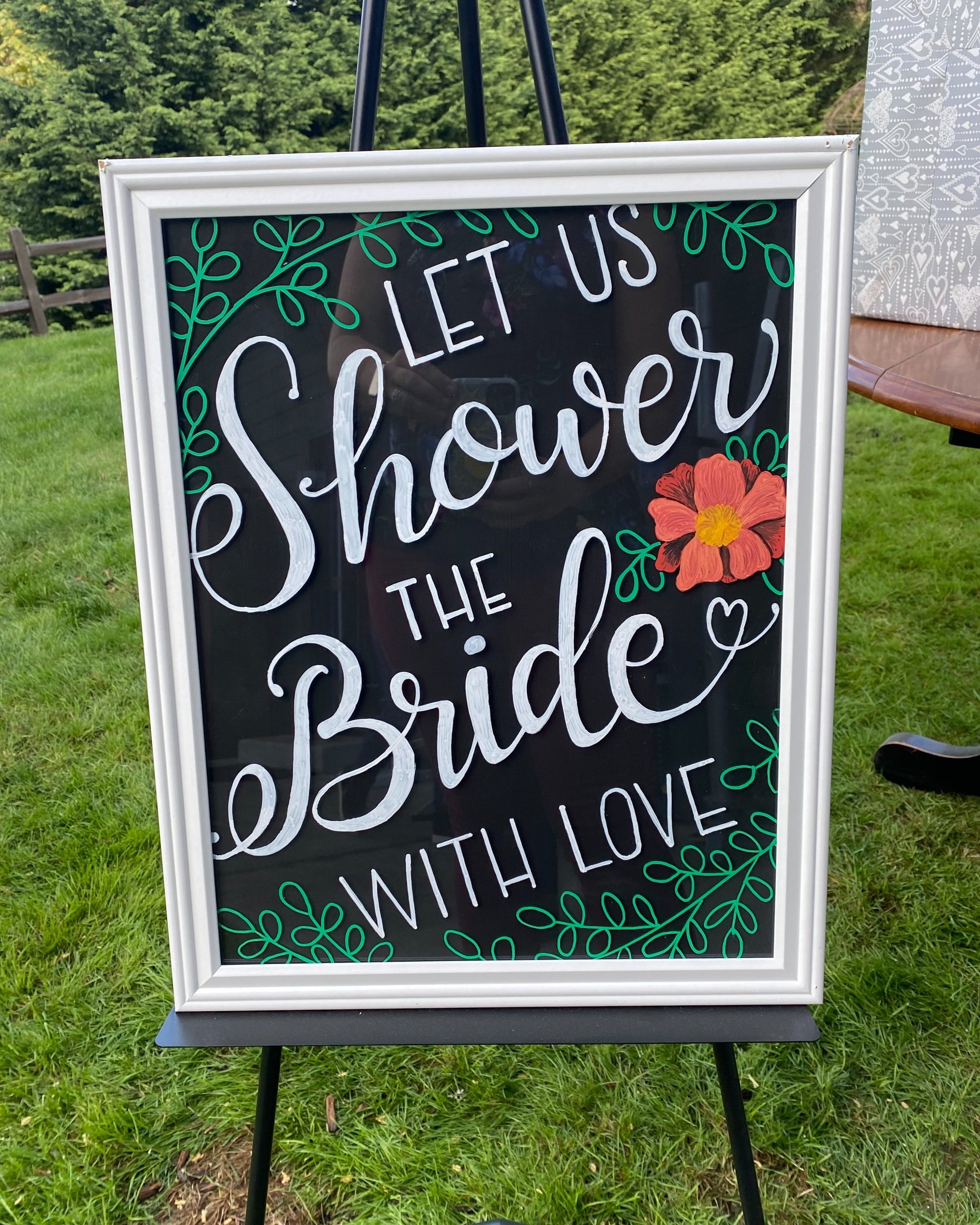 Bridal shower, outside & covid safe foods, 2020 (planned, hosted, table scape, decor, big sign, menu & food signs)