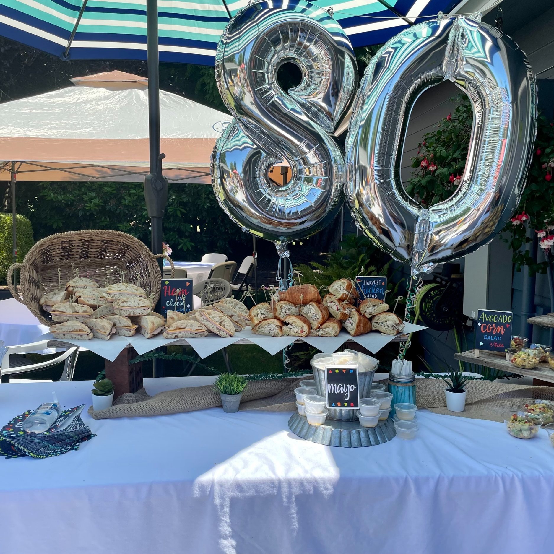 couple's 80th birthday lunch 2021, food signs & table scape (outside, covid safe, no touch food)
