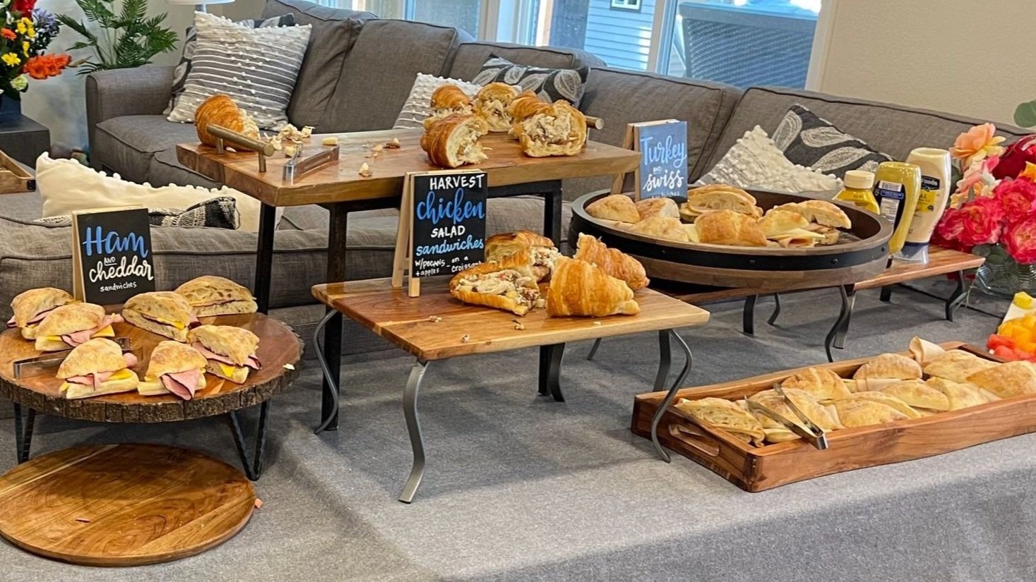 Anniversary party lunch 2023, food signs and table scape