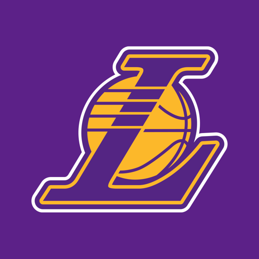 Los Angeles Lakers logo with a purple background, featuring a stylized purple and gold 'L' with a basketball inside.