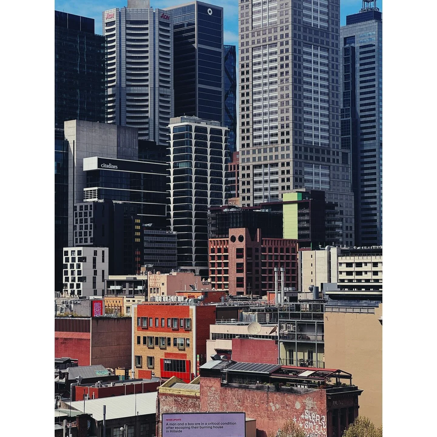 A glimpse of Melbourne&rsquo;s diverse city skylines, a mix of forms, eras, and perspectives that tell the story of a city always in motion, with vibrant colours that often go unnoticed.