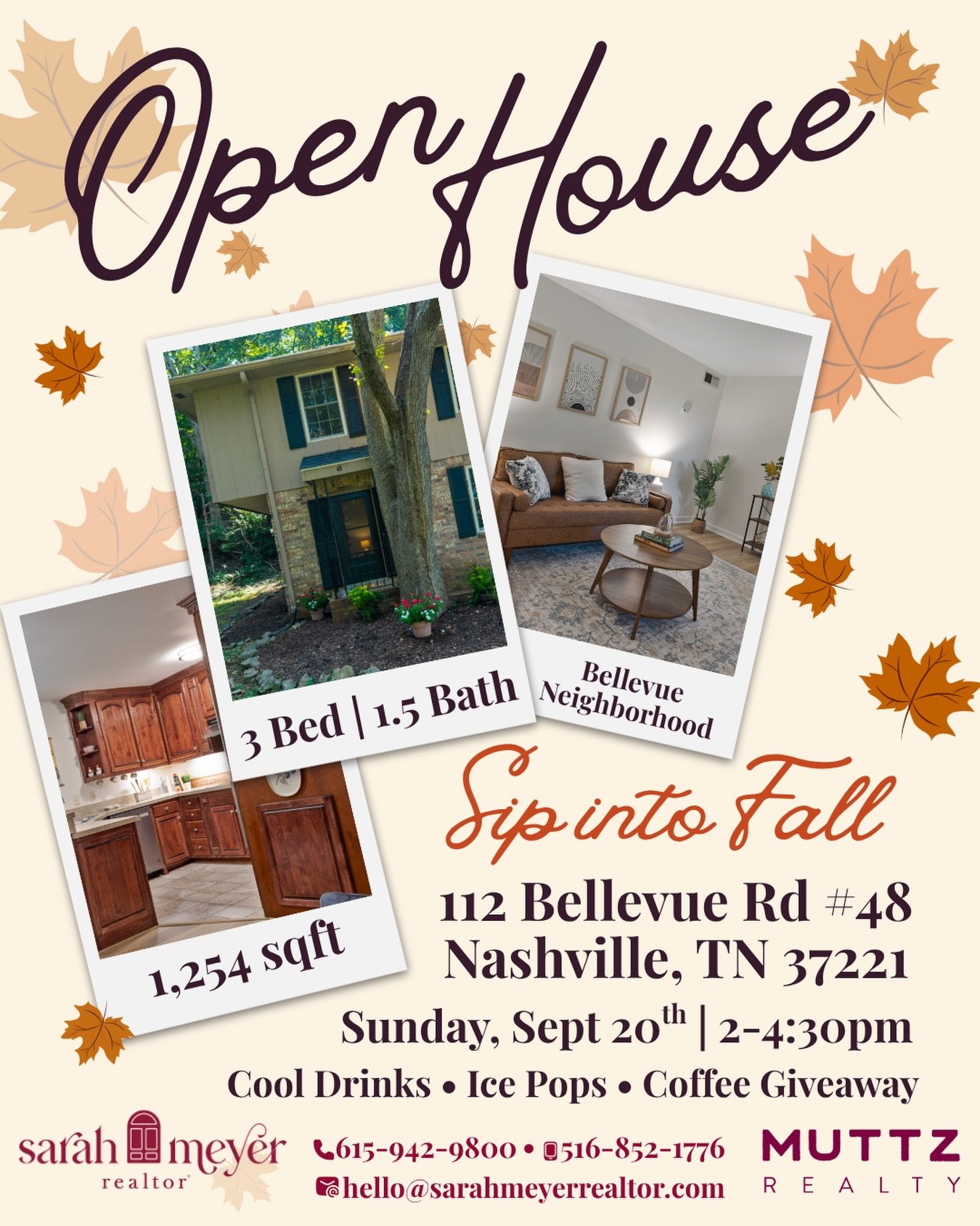 🍂 SIP INTO FALL OPEN HOUSE 🍂

The leaves may be falling, but Nashville apparently didn&rsquo;t get the memo that summer is over. ☀️🥵

So we&rsquo;re leaning into both seasons this Sunday!

Stop by 112 Bellevue Rd #48 from 
2&ndash;4:30 PM to tour 